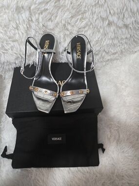 Versace Silver Metallic Medusa Strap Sandals